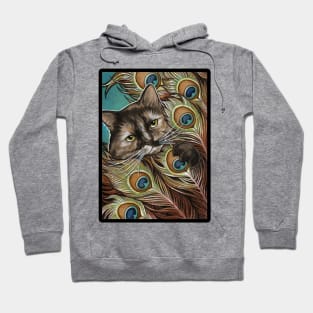 Tortie Cat and Peacock Feathers - Black Outlined Version Hoodie